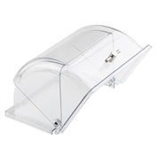 Clear plastic display case with a curved polycarbonate cover, hinged front opening, and small metal handle. The TableCraft 11688 half-size crate cover is empty and sits on a white surface—perfect for showcasing baked goods or other items.