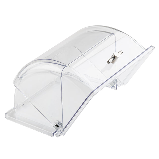 Clear plastic display case with a curved polycarbonate cover, hinged front opening, and small metal handle. The TableCraft 11688 half-size crate cover is empty and sits on a white surface—perfect for showcasing baked goods or other items.