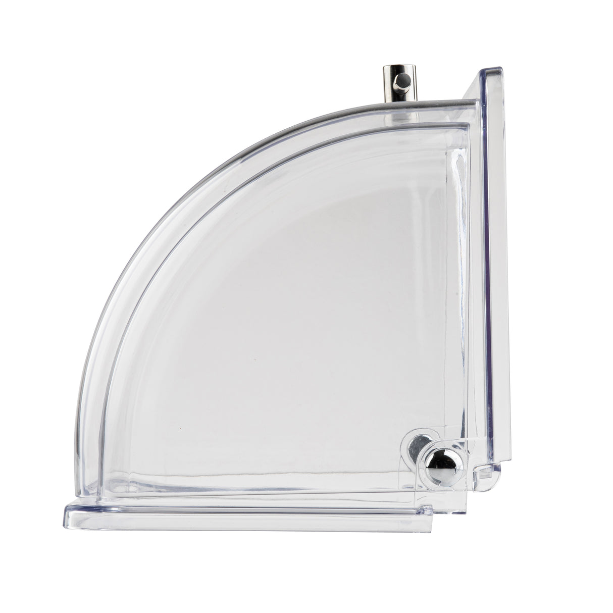 A transparent, quarter-circle polycarbonate cover—similar to the TableCraft 11688—with two small metal fasteners at the top and base. Photographed against a white background, it displays both its curved and flat surfaces in side profile.