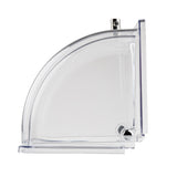 A transparent, quarter-circle polycarbonate cover—similar to the TableCraft 11688—with two small metal fasteners at the top and base. Photographed against a white background, it displays both its curved and flat surfaces in side profile.