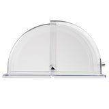 A transparent, dome-shaped acrylic display case with a flat base and a sliding door in the center, similar to a half-size polycarbonate cover, viewed from the front against a white background.