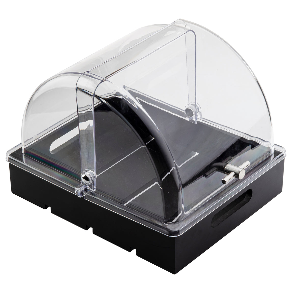 A rectangular black and clear acrylic display case with a domed, hinged lid and side handles resembles the TableCraft 11688 half-size polycarbonate cover. Silver tongs rest on one side of the tray. The empty case is shown on a white background.