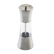 A modern TableCraft Salt & Pepper Mill featuring a brushed stainless steel top and bottom, plus a clear acrylic middle showcasing the grinding mechanism. Its sleek hourglass design includes a convenient button or knob on top for easy operation.