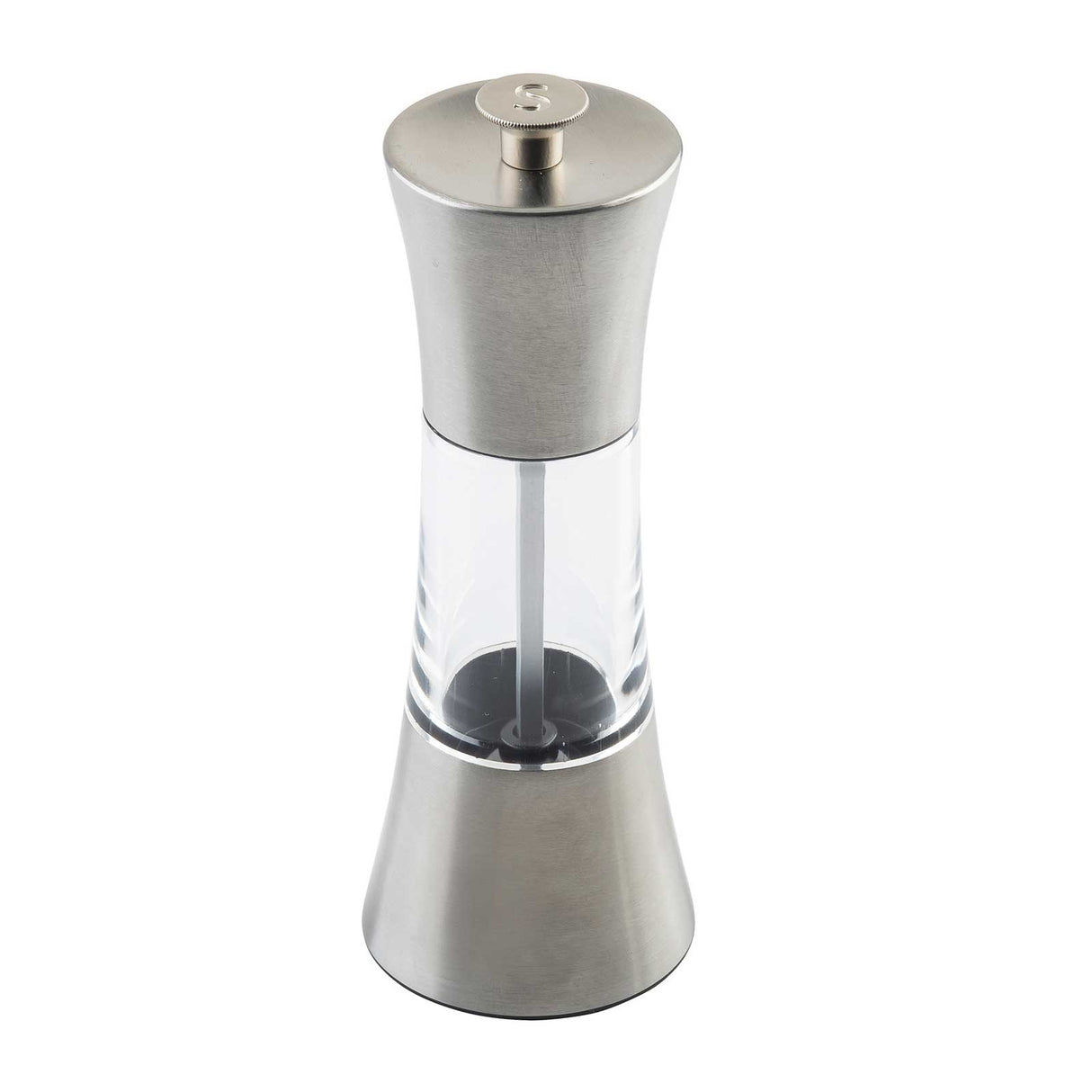 A modern hourglass-shaped TableCraft Salt & Pepper Mill featuring stainless steel top and base, with a clear acrylic center that displays the grinding mechanism and contents. Simply press the top button to grind your spices with style.