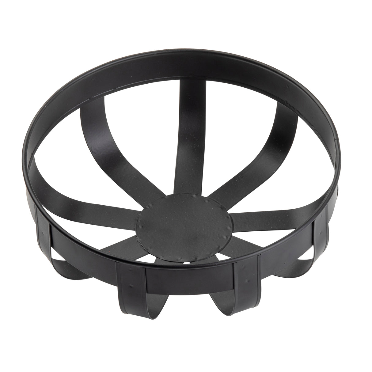 A black metal circular object from the Forge Collection Basket by TableCraft Products features a solid center and eight equally spaced flat arms extending outward, connected to a raised outer ring. The arms curve slightly downward, forming an open galvanized steel basket.