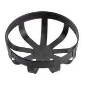 A black metal circular object from the Forge Collection Basket by TableCraft Products features a solid center and eight equally spaced flat arms extending outward, connected to a raised outer ring. The arms curve slightly downward, forming an open galvanized steel basket.