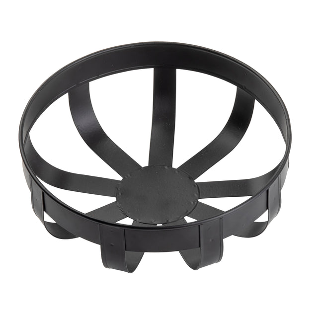 A black metal circular object from the Forge Collection Basket by TableCraft Products features a solid center and eight equally spaced flat arms extending outward, connected to a raised outer ring. The arms curve slightly downward, forming an open galvanized steel basket.