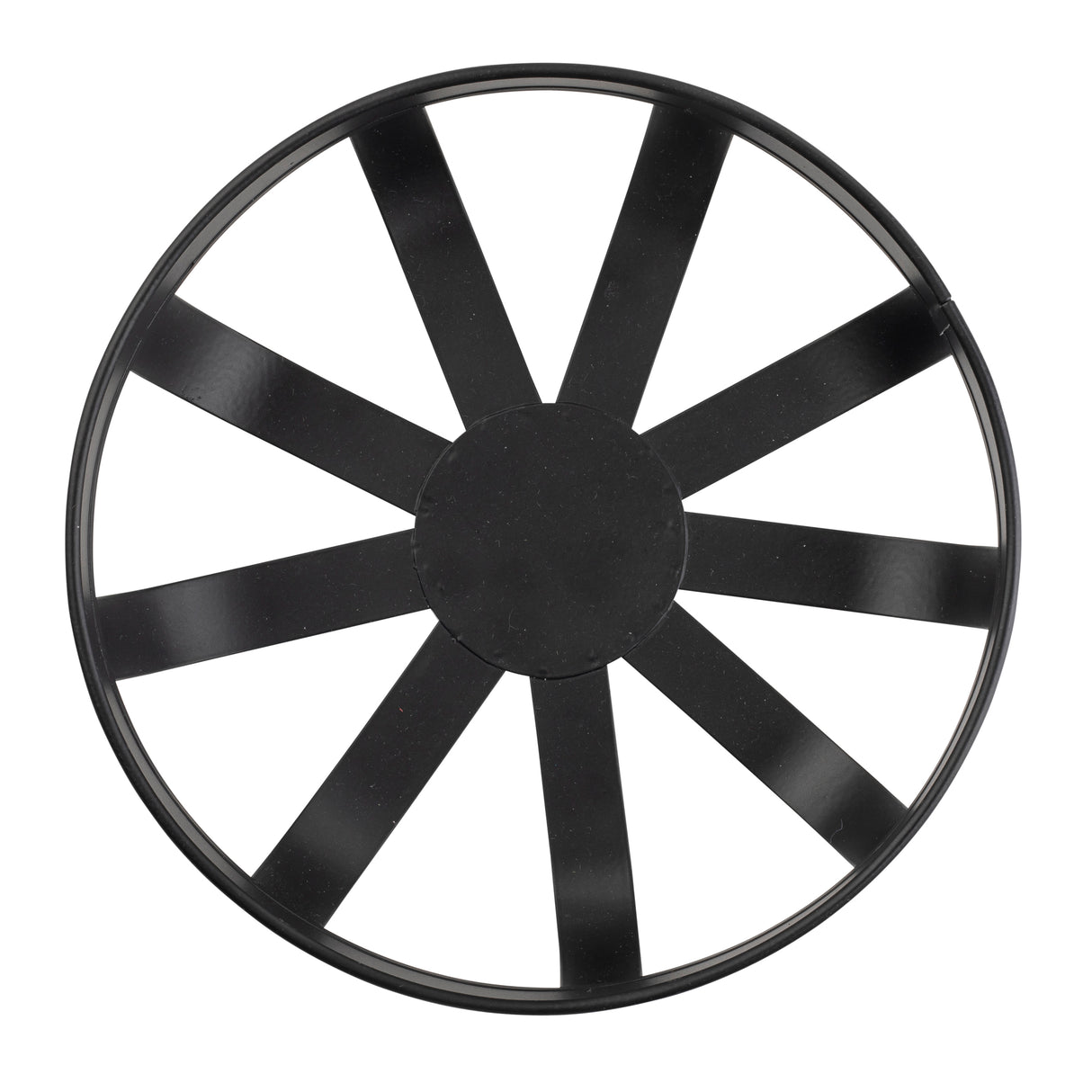 A black circular wheel with eight equally spaced, flat spokes radiating from a solid central hub to the outer rim, reminiscent of the Forge Collection Basket by TableCraft Products. The rim and spokes are simple, unadorned, and viewed from above against a white background.