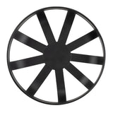 A black circular wheel with eight equally spaced, flat spokes radiating from a solid central hub to the outer rim, reminiscent of the Forge Collection Basket by TableCraft Products. The rim and spokes are simple, unadorned, and viewed from above against a white background.
