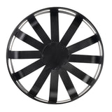 A round, black plastic object viewed from above, with twelve evenly spaced wide blades radiating from a central hub. Similar to a TableCraft Products basket, it connects to a thin circular rim, resembling a stylized fan or wheel with a smooth, slightly glossy surface.