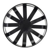 A round, black plastic object viewed from above, with twelve evenly spaced wide blades radiating from a central hub. Similar to a TableCraft Products basket, it connects to a thin circular rim, resembling a stylized fan or wheel with a smooth, slightly glossy surface.