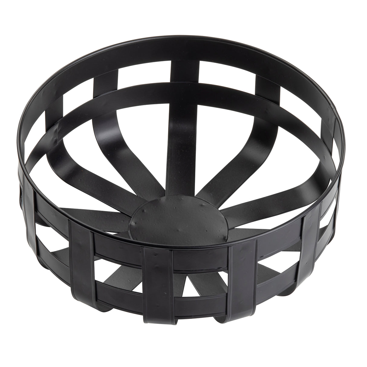 A round, black galvanized steel basket with a woven pattern and wide bands forms an open structure. Part of the TableCraft Products Forge Collection Basket line, it features a solid base and flared sides for a modern, industrial look.
