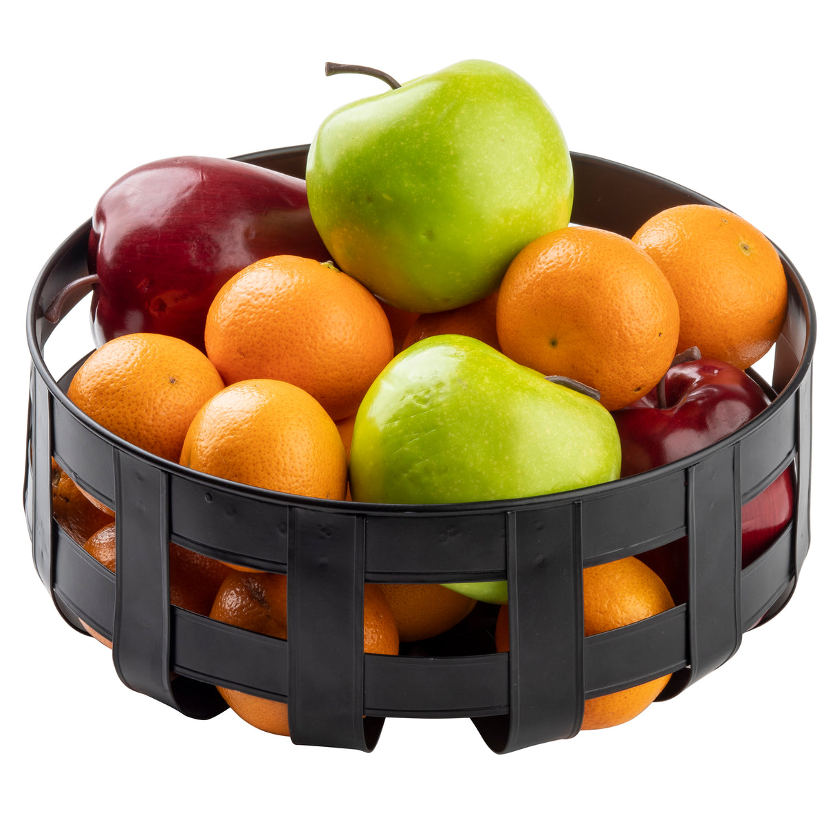 A round, black galvanized steel basket filled with assorted fruit, including green apples, red apples, and small orange tangerines, all arranged against a white background.