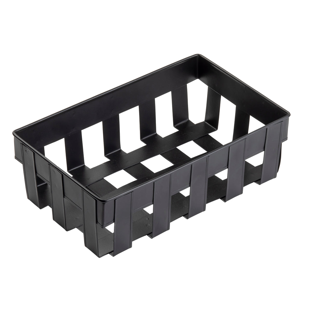 A black rectangular plastic basket from the Forge Collection Basket series, with open slats for ventilation and drainage. The sturdy, grid-like structure is photographed on a white background, echoing the quality of TableCraft Products.