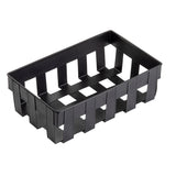 A black rectangular plastic basket from the Forge Collection Basket series, with open slats for ventilation and drainage. The sturdy, grid-like structure is photographed on a white background, echoing the quality of TableCraft Products.