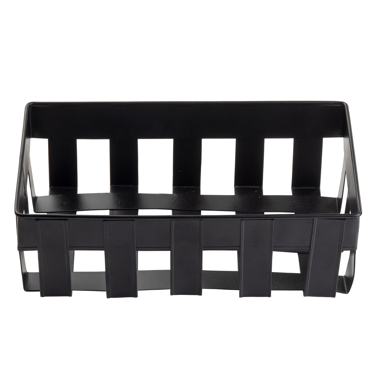 A rectangular black plastic basket with wide vertical slats forms the sides and base, giving it a grid-like appearance. This TableCraft Products design is empty and viewed from the front against a plain white background.
