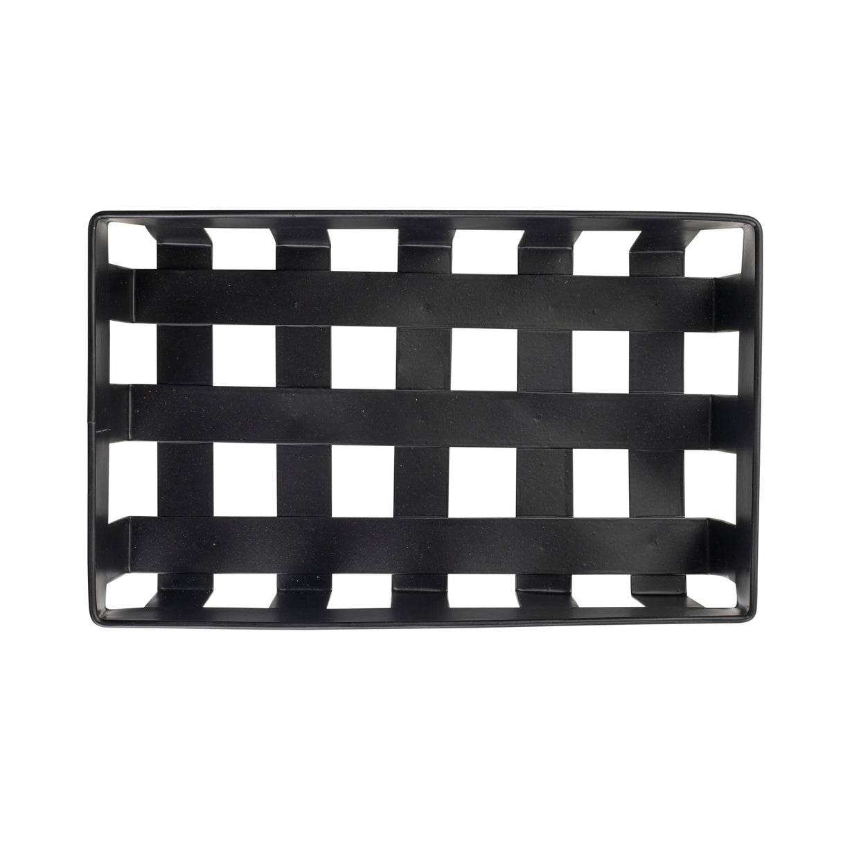 A rectangular black plastic tray viewed from above, featuring a grid pattern with evenly spaced square cutouts. Similar to the Forge Collection Basket by TableCraft Products, its open grid design allows visibility through the bottom.