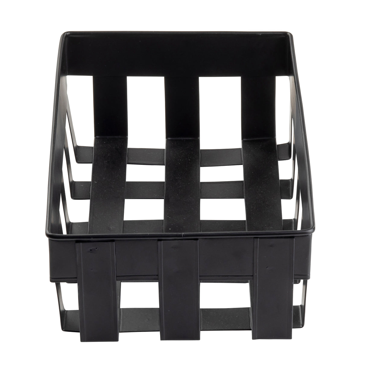A rectangular black TableCraft Products basket with open sides and a slatted bottom, viewed from the front. Vertical and horizontal strips create a grid-like pattern, giving this Forge Collection Basket a sturdy, modern look. The basket is empty.