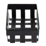 A rectangular black TableCraft Products basket with open sides and a slatted bottom, viewed from the front. Vertical and horizontal strips create a grid-like pattern, giving this Forge Collection Basket a sturdy, modern look. The basket is empty.