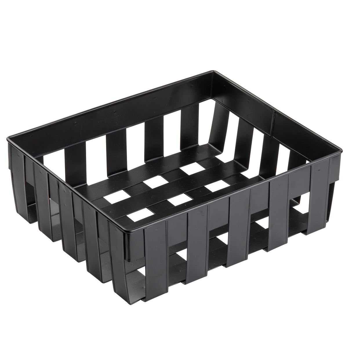 A black rectangular Forge Collection Basket with ventilated sides and bottom, featuring wide vertical and horizontal slats. The basket is empty and positioned on a plain white background, photographed at a slight angle to show depth.