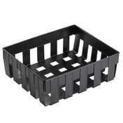 A black rectangular Forge Collection Basket with ventilated sides and bottom, featuring wide vertical and horizontal slats. The basket is empty and positioned on a plain white background, photographed at a slight angle to show depth.