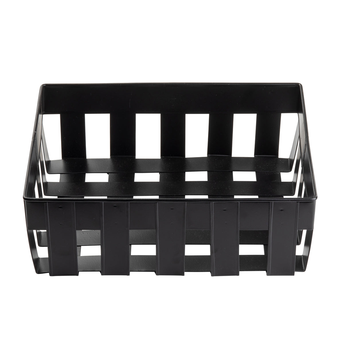 A rectangular, black, open-weave plastic Forge Collection Basket with wide horizontal and vertical slats, viewed at an angle showing both the interior and exterior sides. The basket is empty and sits on a white background, ideal for Grab & Go Display.