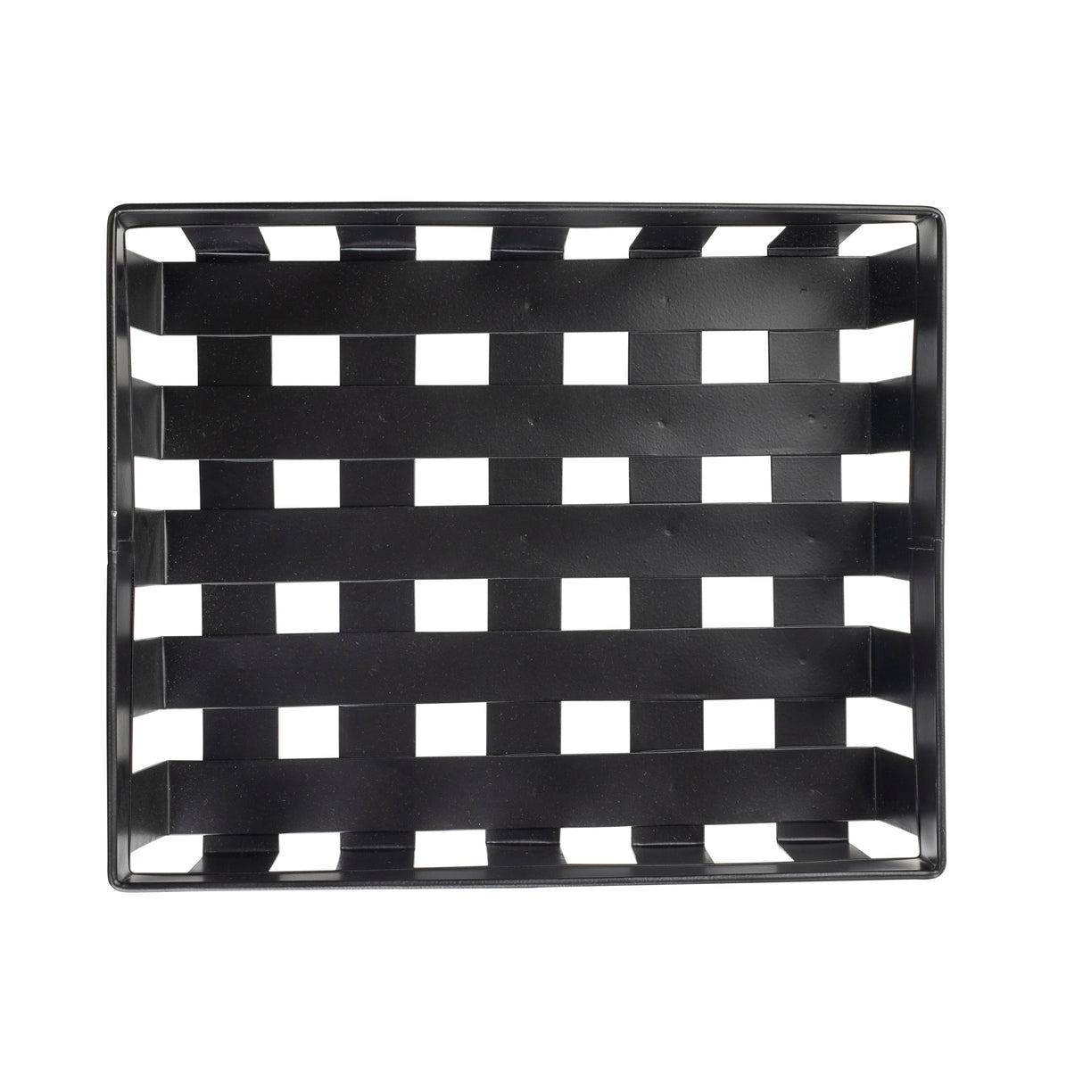 A rectangular black plastic tray with evenly spaced rectangular slats forming a grid-like pattern; ideal for Grab & Go Display setups, the tray is photographed from above on a white background.