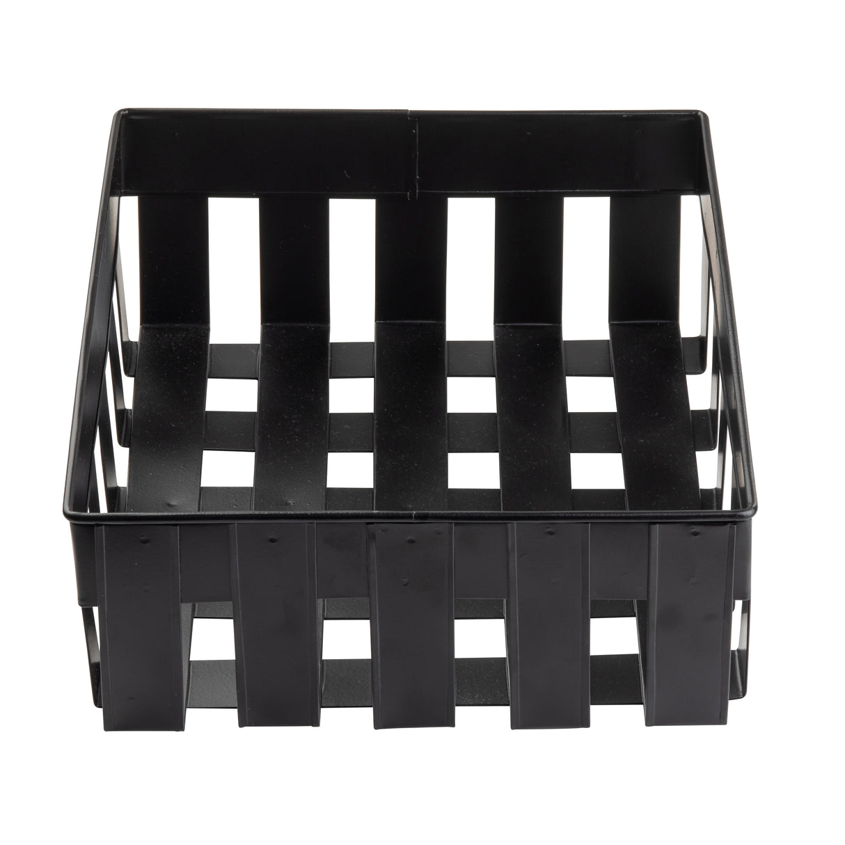 A square, black plastic Forge Collection Basket with a woven design, featuring wide, flat strips forming a checkered pattern on the sides and base. Perfect for Grab & Go Display, the basket is empty and shown from a slightly elevated angle against a white background.