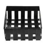 A square, black plastic Forge Collection Basket with a woven design, featuring wide, flat strips forming a checkered pattern on the sides and base. Perfect for Grab & Go Display, the basket is empty and shown from a slightly elevated angle against a white background.