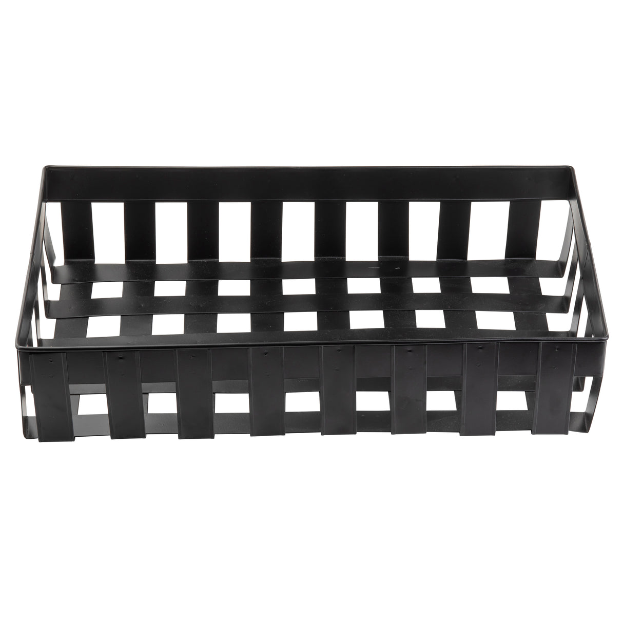 A rectangular black Forge Collection Basket with wide, evenly spaced slats. The sides and bottom have an open grid design, and the corners are straight. This galvanized steel basket is empty and photographed against a white background.