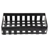 A rectangular black Forge Collection Basket with wide, evenly spaced slats. The sides and bottom have an open grid design, and the corners are straight. This galvanized steel basket is empty and photographed against a white background.