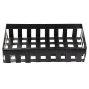 A rectangular black Forge Collection Basket with wide, evenly spaced slats. The sides and bottom have an open grid design, and the corners are straight. This galvanized steel basket is empty and photographed against a white background.
