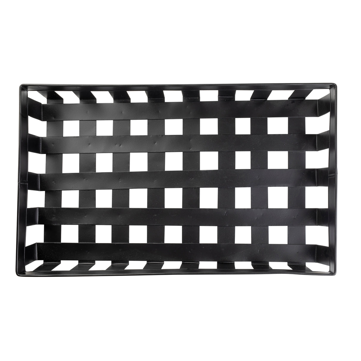 A rectangular, black plastic Forge Collection Basket with wide, evenly spaced horizontal and vertical slats creates a grid pattern. The sturdy sides and corners offer support, while the grid allows for visibility and airflow through the bottom and sides.