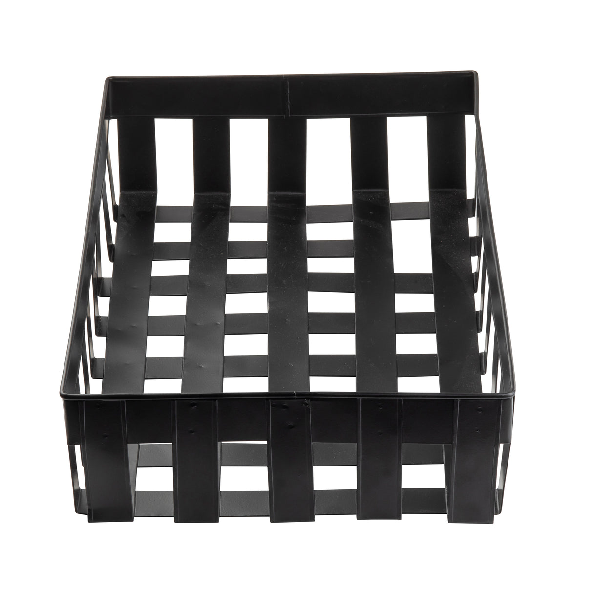 A black rectangular Forge Collection Basket with open vertical and horizontal slats creates a grid pattern on all sides and the base. The tray, perfect for storage or organizing items, is empty and photographed against a white background.