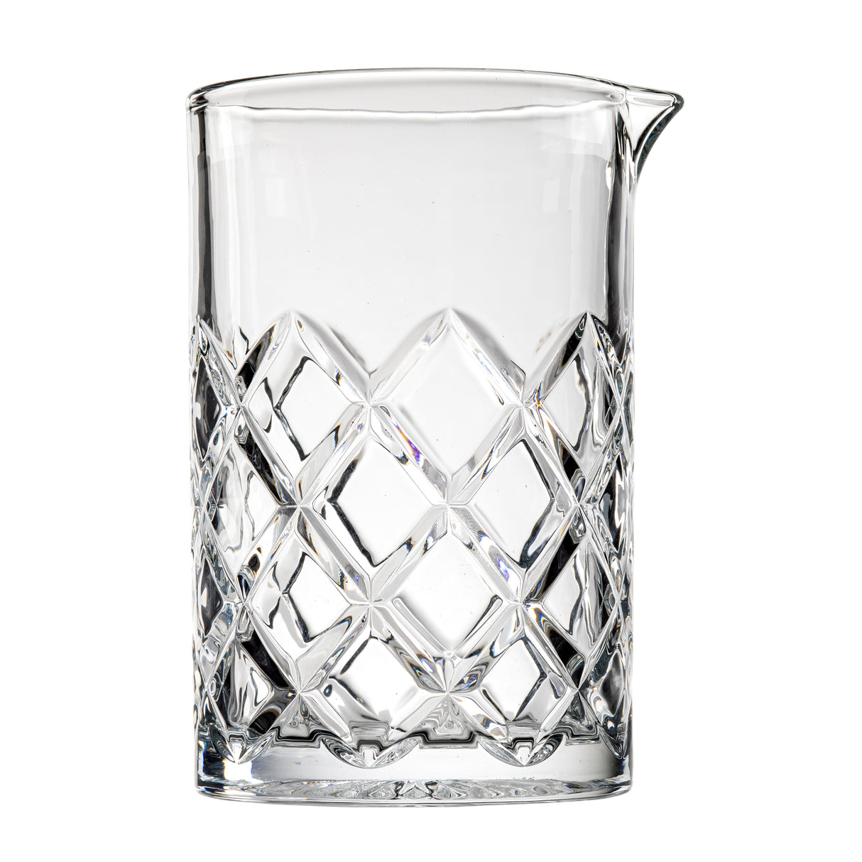 A clear TableCraft mixing glass from the Waverly Collection, featuring a wide cylindrical shape, small pouring spout, and intricate diamond-cut pattern on the lower half. The upper half remains smooth and plain, set against a white background.