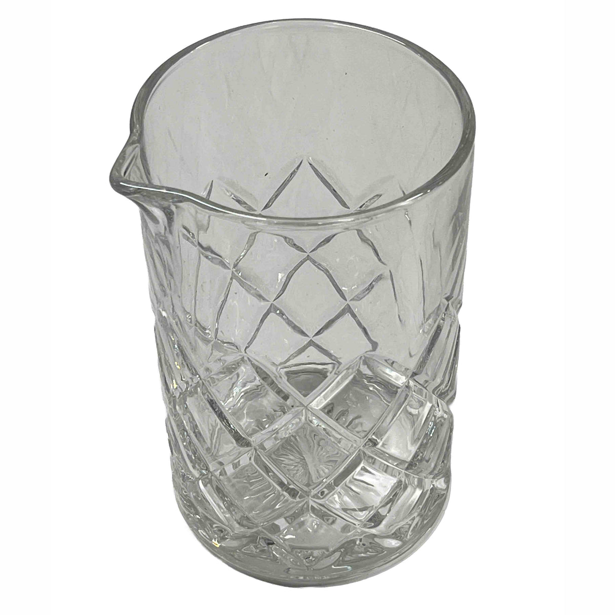 A clear glass mixing pitcher from the Waverly Collection, featuring a diamond-cut pattern and spout. This elegant TableCraft mixing glass is empty and photographed from a high angle on a white background.