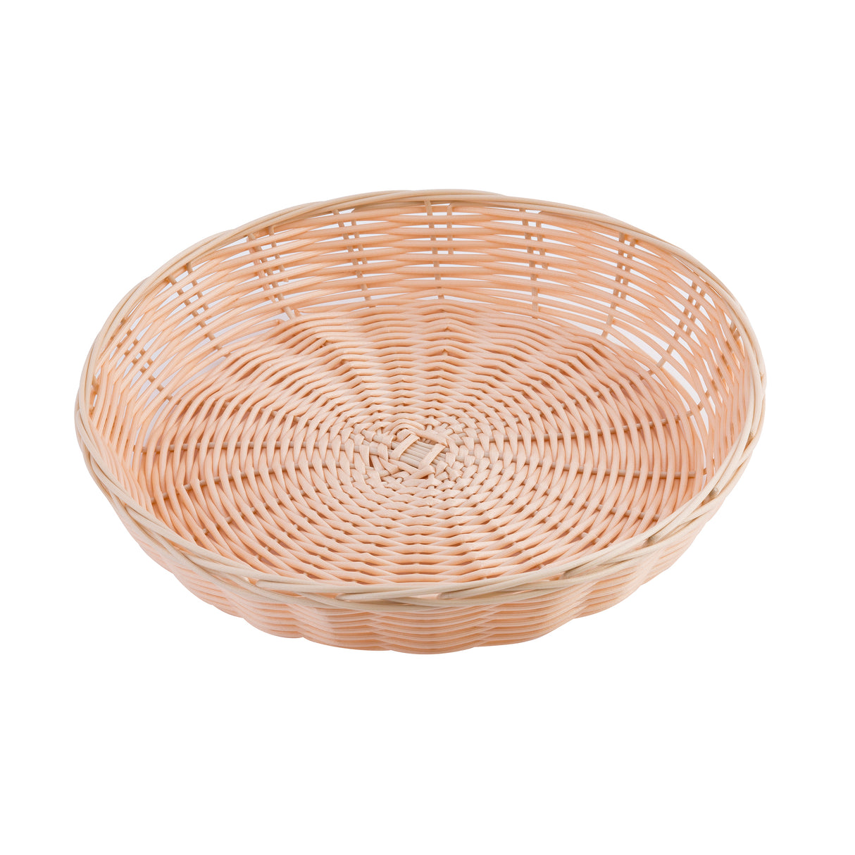 A round, shallow hand-woven basket with a tightly woven pattern in light beige. The basket has a slightly raised rim, sits empty on a white background, and displays an intricate, circular weaving design.