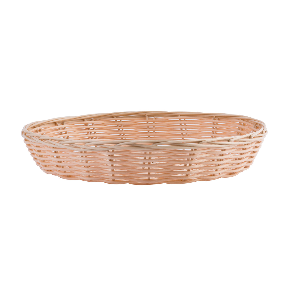 A shallow, oval-shaped hand-woven basket made of light-colored woven material is shown against a plain white background. The basket has an open top and a simple, natural design with visible weaving patterns.