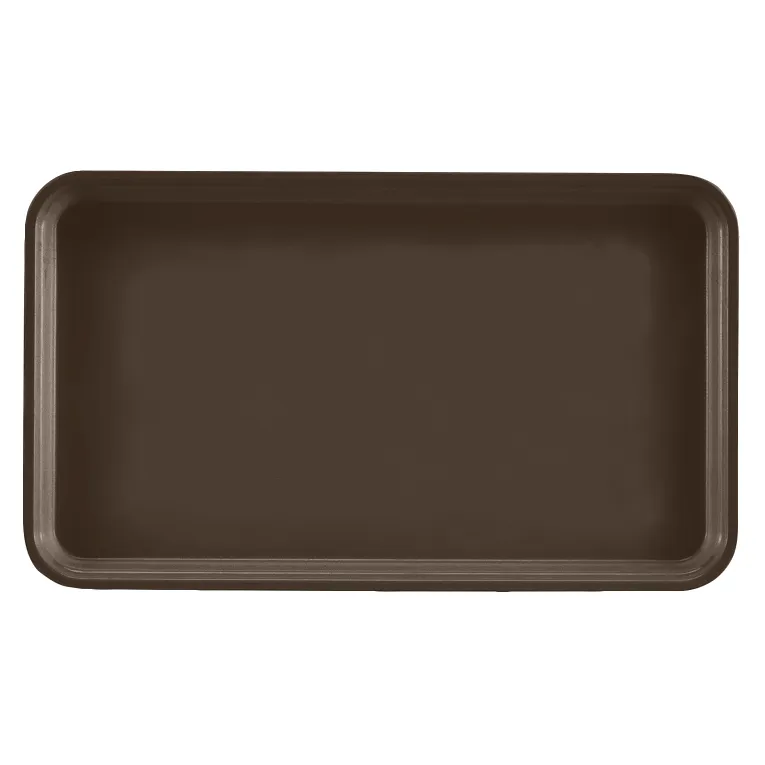 A rectangular, dark brown Camtray made of high-impact fiberglass with rounded corners and slightly raised edges, shown from a top-down view against a light gray background. The smooth surface is unadorned and dishwasher safe.