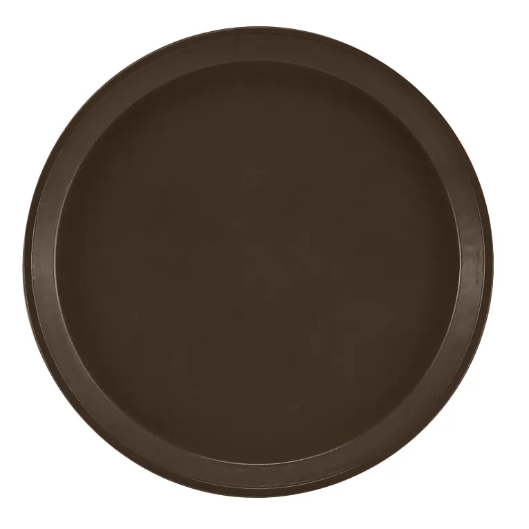 A round, flat, dark brown fiberglass tray with a slightly raised edge, pictured from above on a white background. This NSF Serving Camtray features a simple, smooth design with no visible patterns or embellishments.