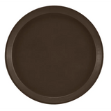 A round, flat, dark brown fiberglass tray with a slightly raised edge, pictured from above on a white background. This NSF Serving Camtray features a simple, smooth design with no visible patterns or embellishments.