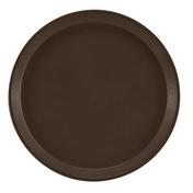 A round, flat, dark brown fiberglass tray with a slightly raised edge, pictured from above on a white background. This NSF Serving Camtray features a simple, smooth design with no visible patterns or embellishments.