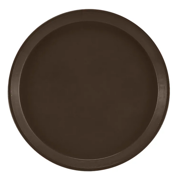 A round, flat, dark brown fiberglass tray with a slightly raised edge, pictured from above on a white background. This NSF Serving Camtray features a simple, smooth design with no visible patterns or embellishments.