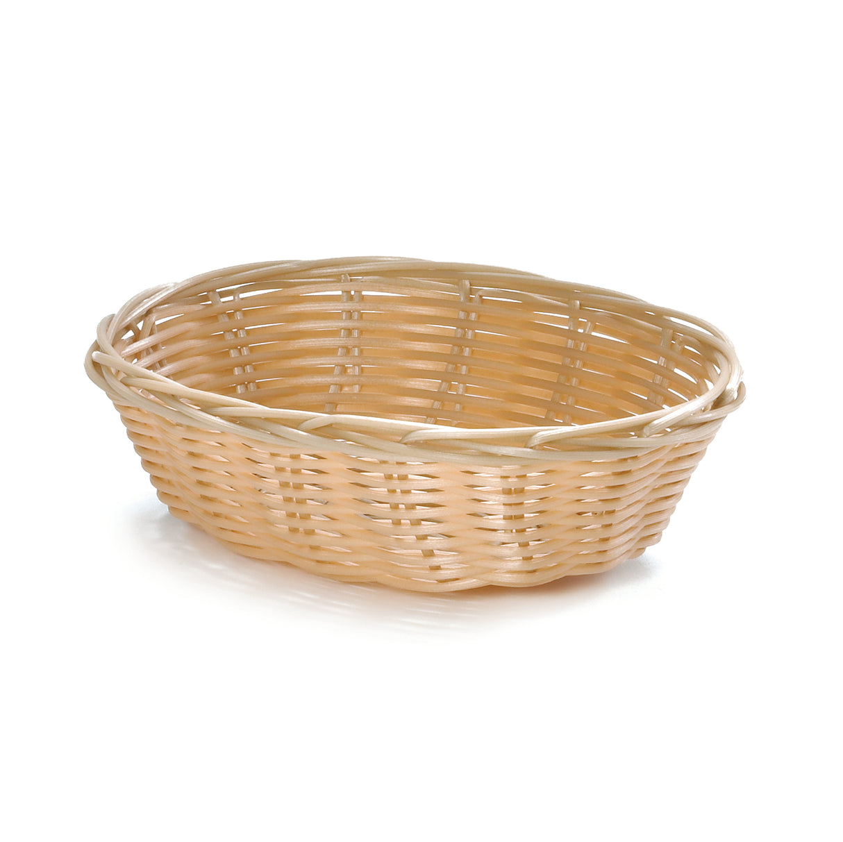 Oval-shaped, light brown hand-woven basket with an open top and intricate intertwined pattern, placed on a white background. The basket is empty and features a smooth, even finish.