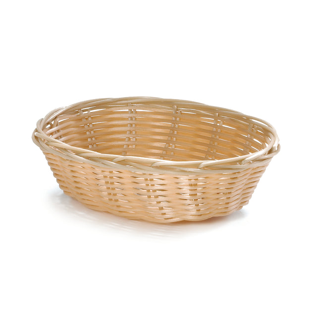 Oval-shaped, light brown hand-woven basket with an open top and intricate intertwined pattern, placed on a white background. The basket is empty and features a smooth, even finish.