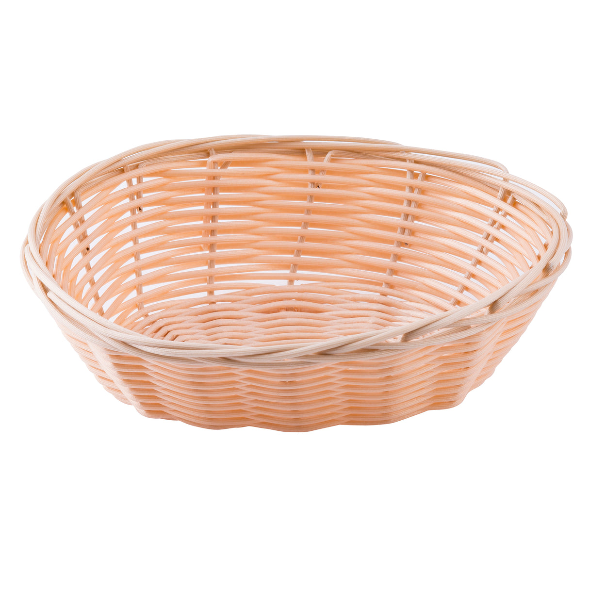 A round, shallow hand-woven basket with a simple woven pattern and slightly raised sides, photographed on a plain white background. The light brown basket is empty and has a smooth, natural finish.