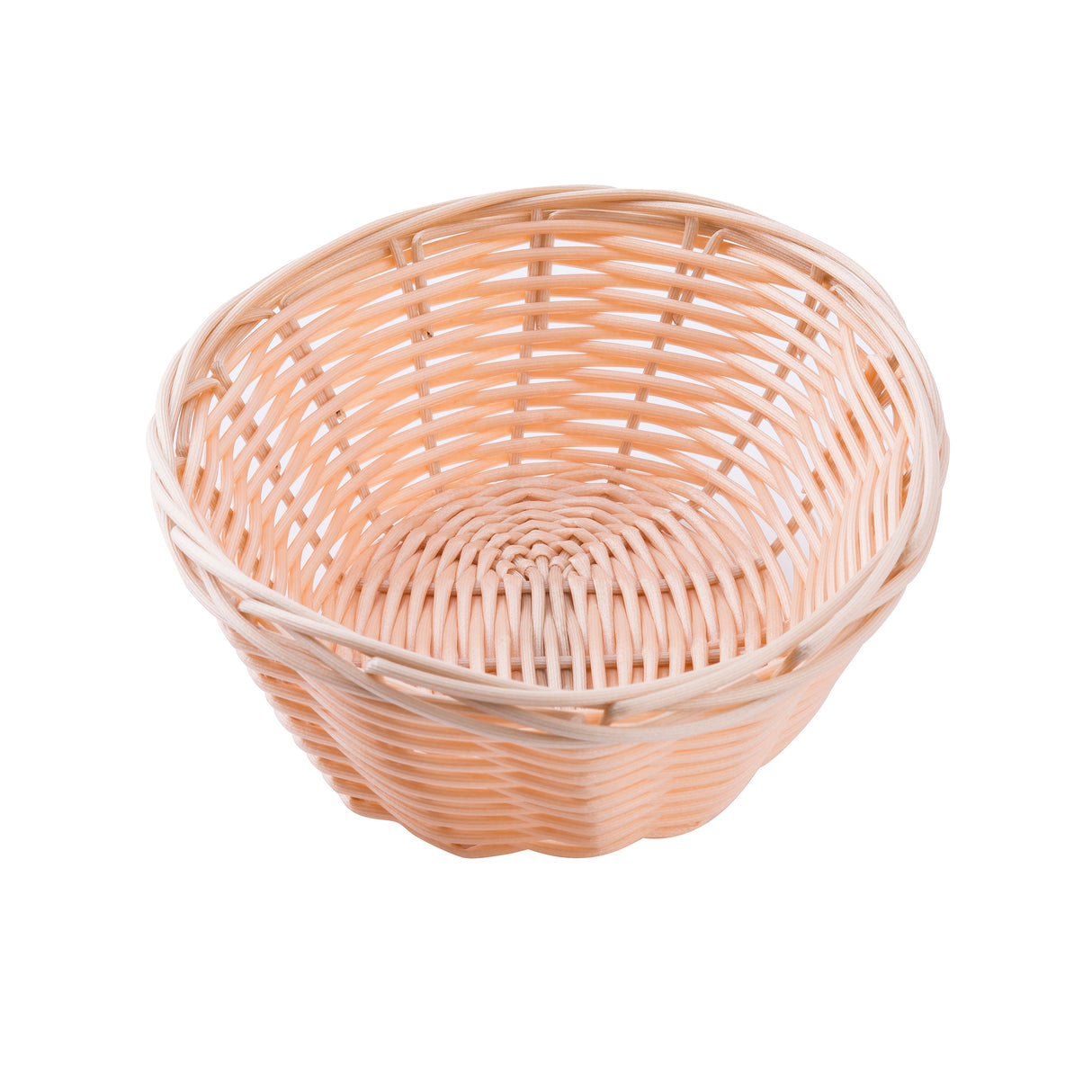 A round, light brown hand-woven basket with a woven pattern. The basket features an open top, slightly flared sides, and a solid circular base. It is empty and set against a plain white background.