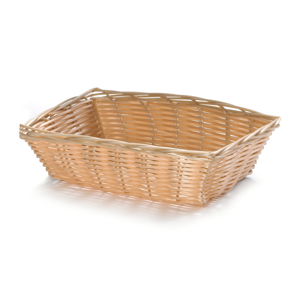 A rectangular hand-woven basket with a simple woven pattern and slightly raised edges, shown empty on a white background. Light brown in color, this TableCraft 1172W basket offers a natural, rustic appearance for any setting.