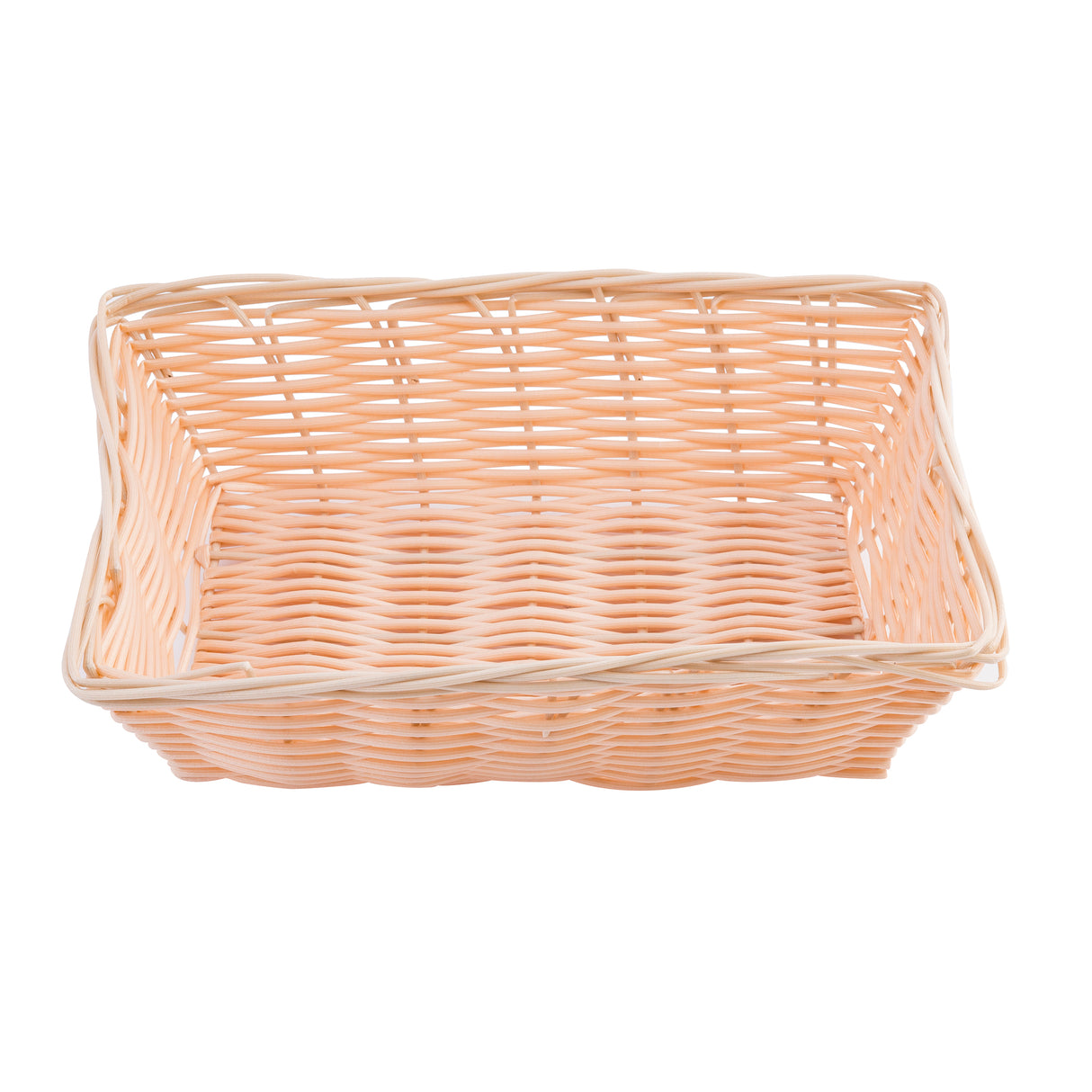 A rectangular hand-woven basket, the TableCraft 1172W features light beige polypropylene cord with a simple grid pattern, raised sides, and smooth edges. Shown empty against a white background, it blends durability with classic woven style.