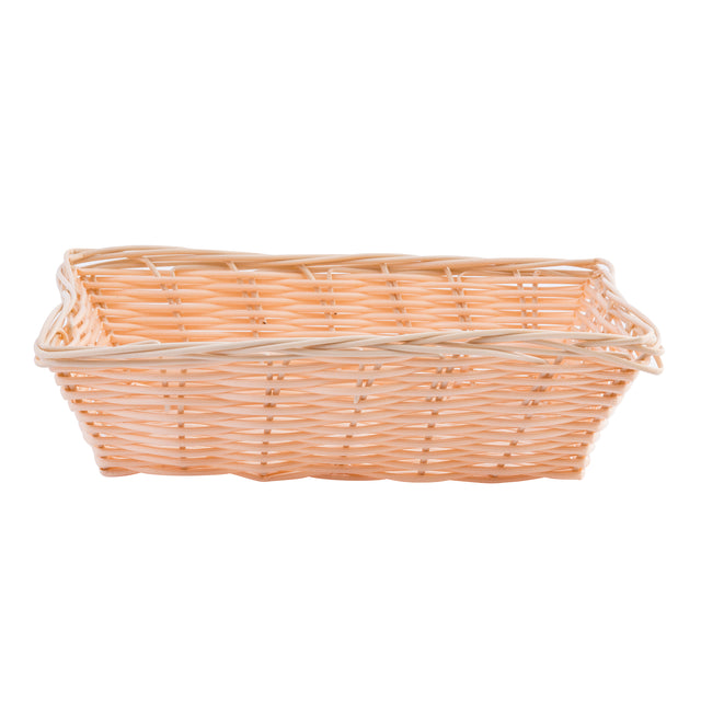 A rectangular, empty hand-woven wicker basket with a woven pattern. The light tan TableCraft 1172W basket features slightly raised edges and rounded corners, set against a plain white background.